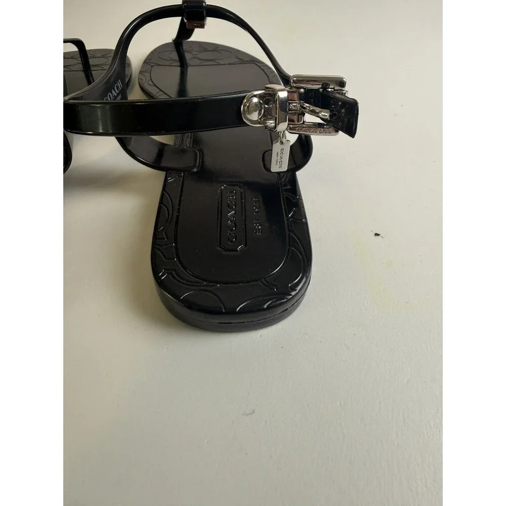 Coach Women’s Black Thong Sandals T-Strap Ankle Strap Buckle Logo US 8B